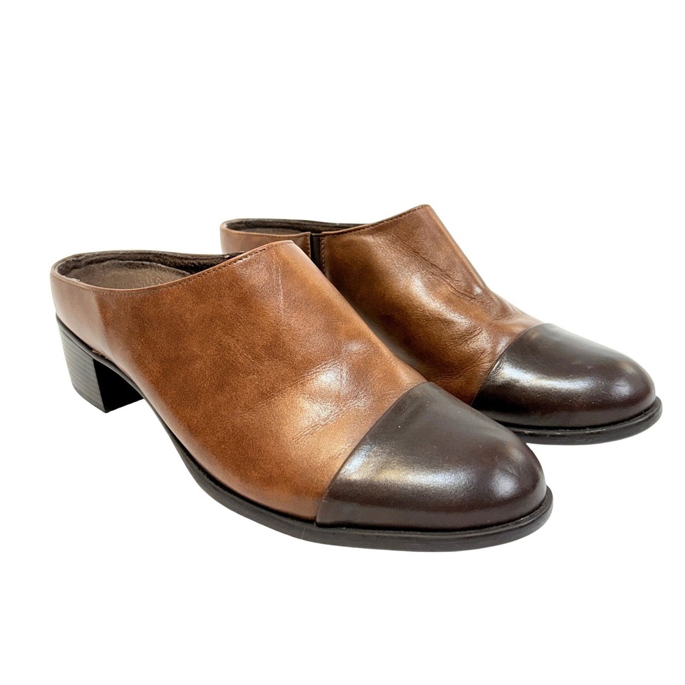Munro American‎ Women's Brown Leather Two Tone Block Heel Mules Size 8.5